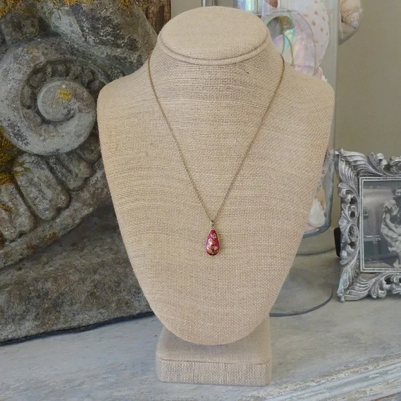 Vintage Floral Cloisonné Enamel Red Teardrop Pendant Necklace - Picture 2 of 7